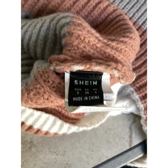 Shein Chevron Stripe Knit Sweater S Pink Grey Cream Chunky Crewneck Pullover - Picture 2 of 5